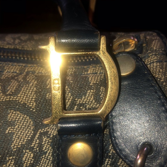 Christian Dior] Blue Logo Denim Leather Boston bag with lock + key - Picture 4 of 16